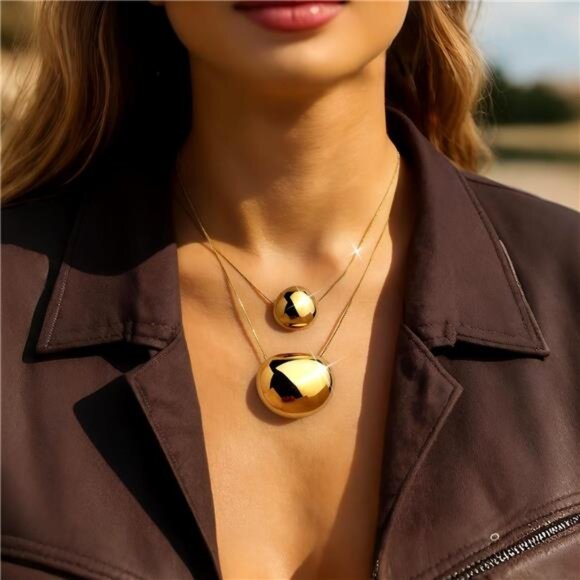 Chunky Elliptical Pendant Necklace Set – Adjustable Stainless Steel Chain - Picture 1 of 6